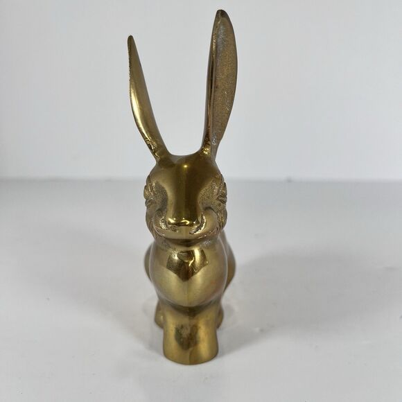 Vintage Solid Brass Rabbit Paperweight Bunny Figurine Whimsical Bookcase Decor - Picture 3 of 9